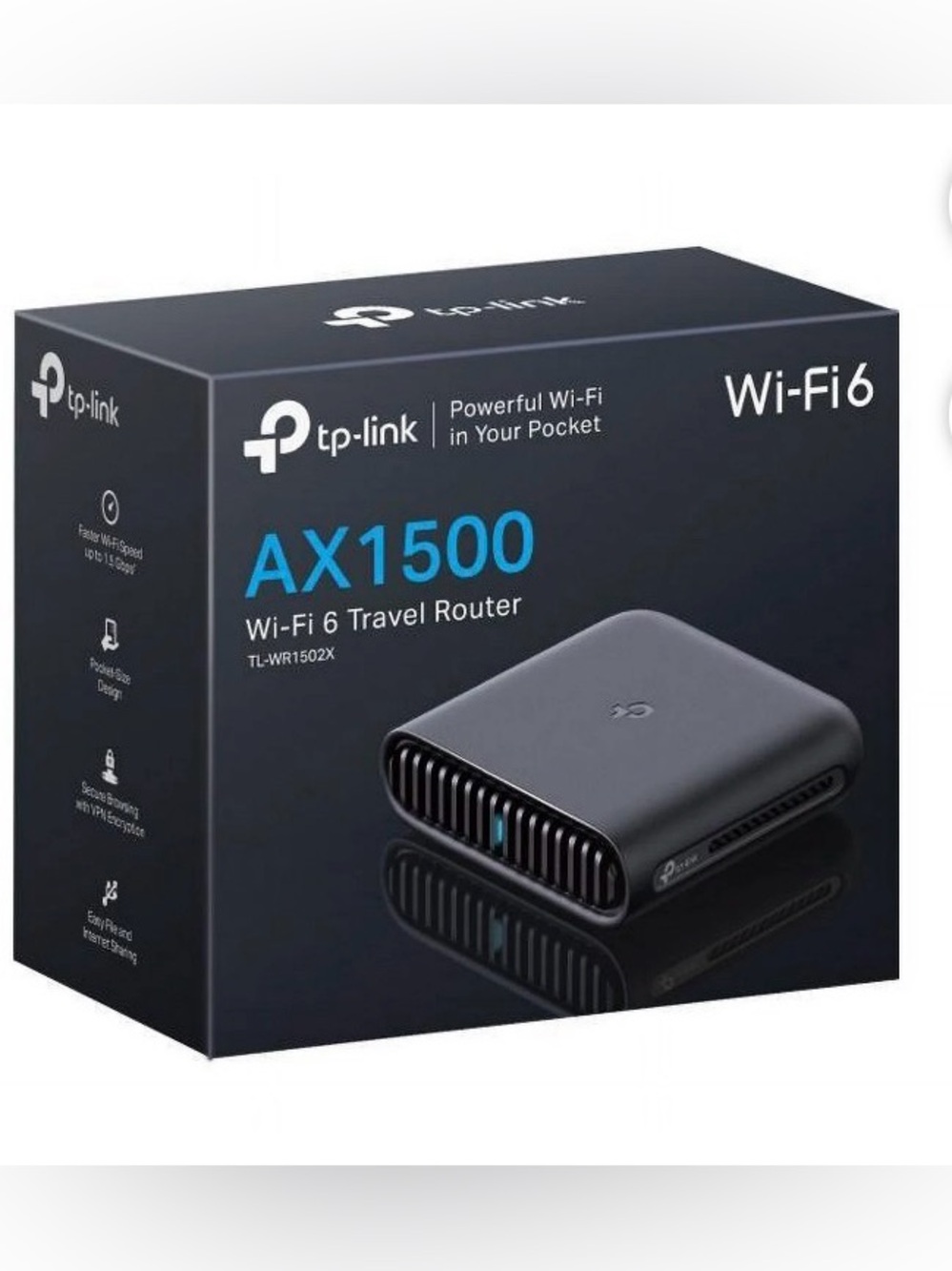 TP-Link AX1500 Wi‑Fi 6 Travel Router — Black and Blue Accents